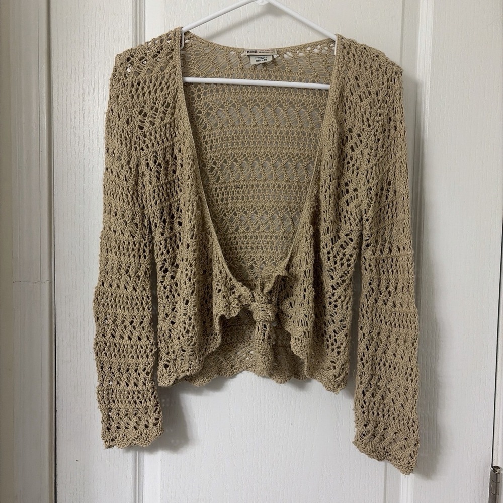 Vintage Crochet Coastal Grandma Boho Cottage Tie Front Cardigan Womens Small